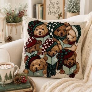 🧸🎵🎄Vintage Teddy Bear Choir Christmas Throw Pillow 15" Holiday Tapestry Decor
